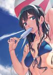  arm_up armpits bare_arms bare_shoulders bikini bikini_top black_hair blue_bikini blue_bikini_top blue_eyes blue_sky breasts cloud collarbone condensation_trail day food from_below front-tie_top hairband hand_behind_head highres holding holding_food kantai_collection long_hair looking_at_viewer looking_down ooyodo_(kantai_collection) pink_lips popsicle saliva saliva_trail sky small_breasts solo summer sweat swimsuit ts422 