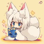  +_+ 1girl :&lt; animal_ears azur_lane bangs beige_background blue_eyes blush cat_mask chibi eyebrows_visible_through_hair fox_ears fox_girl fox_tail full_body heart highres holding holding_mask japanese_clothes kaga_(azur_lane) kimono long_sleeves mask mask_removed multiple_tails muuran parted_lips signature sleeves_past_fingers sleeves_past_wrists solo sparkle tail translation_request triangle_mouth two_tails white_hair white_kimono 