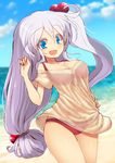  alternate_costume bangs beach bikini blue_eyes blue_sky breasts cleavage cloud cowboy_shot day hair_bobbles hair_ornament hand_on_hip hand_up horizon kuresento long_hair looking_at_viewer medium_breasts ocean open_mouth outdoors red_bikini see-through shinki shirt_grab side_ponytail silver_hair sky smile solo swimsuit thighs touhou touhou_(pc-98) very_long_hair 