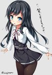  :o asashio_(kantai_collection) belt black_hair black_legwear blue_eyes blush cowboy_shot dress grey_background kantai_collection long_hair long_sleeves looking_at_viewer neck_ribbon open_mouth outstretched_arms pantyhose pinafore_dress red_ribbon remodel_(kantai_collection) ribbon school_uniform simple_background solo translated twitter_username unacchi_(nyusankin) 