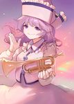  ainy77 bad_id bad_pixiv_id bangs buttons closed_mouth cowboy_shot floating_hair frilled_hat frilled_shirt_collar frills hat instrument long_hair long_sleeves looking_at_viewer merlin_prismriver purple_eyes purple_hair skirt skirt_set sky smile solo touhou trumpet 