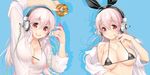  bikini_top blush breasts covered_nipples dakimakura digital_media_player doughnut food hairband headphones highres large_breasts long_hair looking_at_viewer multiple_views nitroplus open_clothes open_mouth pink_hair red_eyes shirt_slip smile super_sonico swimsuit tsuji_santa 