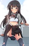  aikura_(twilight_dusk) asashio_(kantai_collection) belt black_hair black_legwear blue_bra blue_eyes blue_panties blush bra breasts burn_scar kantai_collection long_hair neck_ribbon panties pantyshot red_ribbon remodel_(kantai_collection) ribbon scar small_breasts solo thighhighs torn_clothes torn_legwear underwear 