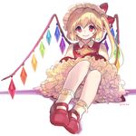  ainy77 ascot bad_id bad_pixiv_id bangs blonde_hair bloomers bobby_socks bow diamond dress flandre_scarlet frilled_legwear frills full_body hat petticoat red_bow red_dress red_eyes red_footwear shoes side_ponytail smile socks solo touhou underwear upskirt wings 