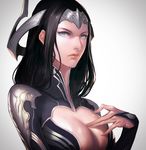 absurdres armor black_hair blue_eyes breasts cleavage closed_eyes closed_mouth forehead_protector grey_background hand_on_breast headpiece highres hong_soon-jae large_breasts long_hair looking_at_viewer original serious shiny shiny_skin silver_eyes solo upper_body 