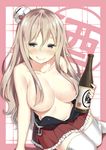  alcohol anchor areolae blonde_hair blush breasts collarbone drunk hair_between_eyes hair_censor hair_over_breasts hat highres jpeg_artifacts kantai_collection large_breasts licking_lips long_hair looking_at_viewer mini_hat naughty_face navel pola_(kantai_collection) red_skirt sidelocks silver_eyes sitting skirt sky_(freedom) solo sweat tareme thighhighs tilted_headwear tongue tongue_out topless white_legwear 