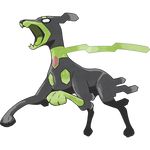  empty_eyes gen_6_pokemon green_tongue hexagon highres legendary_pokemon no_humans official_art pokemon pokemon_(creature) scarf sharp_teeth teeth zygarde zygarde_10_percent 