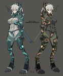  bangs blonde_hair bodysuit breasts commentary_request dated digitigrade expressionless glowing green_eyes grey_background hair_between_eyes hairband ikeshita_moyuko large_breasts mecha_musume mechanical_arm mechanical_legs multiple_views original ponytail red_eyes siblings simple_background sketch sword translation_request twins weapon 