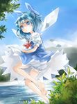  ascot barefoot bloomers blue_dress blue_eyes blue_hair blue_sky cirno day dress error full_body hair_ribbon highres ice ice_wings looking_at_viewer open_mouth puffy_sleeves ribbon short_hair short_sleeves sky solo sparkle touhou underwear upskirt water wings wrong_feet zhu_xiang 