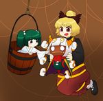  2girls blonde_hair blush brown_background brown_dress brown_eyes bucket cape crossover disembodied_limb dress fangs full_body gradient gradient_background green_eyes green_hair hair_bobbles hair_bun hair_ornament hair_ribbon horns in_bucket in_container japanese_clothes kimono kirby_(series) kisume kurodani_yamame long_sleeves looking_at_another multiple_girls multiple_hands open_mouth orusuta ribbon short_hair smile socks sweatdrop taranza touhou twintails white_hair white_legwear wide_sleeves wooden_bucket 