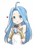  :t ahoge bare_shoulders blue_eyes blue_hair blush bridal_gauntlets chocolate choker eating fingerless_gloves gloves granblue_fantasy heart long_hair looking_at_viewer lyria_(granblue_fantasy) simple_background smile solo white_background zaxwu 
