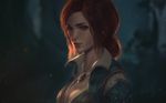  breasts cleavage embers hair_bun highres jewelry large_breasts necklace raikoart red_hair solo the_witcher the_witcher_3 triss_merigold 