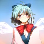  blue_bow blue_hair blush bow bowtie cirno commentary_request hair_bow ice ice_wings looking_at_viewer onimaru_gonpei puffy_sleeves purple_eyes red_bow red_neckwear short_hair smile solo touhou upper_body wing_collar wings 