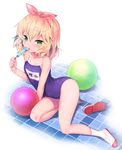  ball barefoot blonde_hair blue_swimsuit blush competition_school_swimsuit flat_chest food full_body green_eyes hairband idolmaster idolmaster_cinderella_girls matanonki name_tag one-piece_swimsuit open_mouth pink_hairband popsicle sakurai_momoka school_swimsuit shoes shoes_removed short_hair single_shoe single_sock socks solo swimsuit 