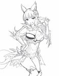  animal_ears breasts cowboy_shot erune granblue_fantasy greyscale hand_on_hip holding huge_breasts korwa long_hair looking_at_viewer monochrome quill simple_background smile solo white_background zaxwu 
