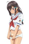  black_eyes black_hair bow bow_panties braid convenient_arm emonyu green_bow high_school_fleet long_hair no_pants panties panty_pull pubic_hair school_uniform serafuku short_sleeves solo standing tan tanline uchida_mayumi underwear white_panties yokosuka_girls_marine_high_school_uniform 