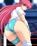  ass blouse blue_leotard leotard long_hair looking_back mighty_yukiko purple_eyes solo taroimo_(00120014) wrestle_angels wrestle_angels_survivor wrestling_outfit wrestling_ring wristband 