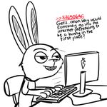  1:1 ambiguous_gender anthro chair clothed clothing computer digital_media_(artwork) english_text fur half-closed_eyes humor keyboard lagomorph mammal open_mouth rabbit shirt simple_background sketch solo text unknown_artist white_background 