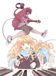  1girl bad_id bad_pixiv_id blonde_hair blue_scarf brown_eyes curly_hair electric_guitar eyes fujicue!!!_~fuji_cue's_music~ fujiwara_motomu guitar headphones headphones_removed highres hoshikawa_uta instrument jumping long_hair open_mouth orange_sweater piano plaid plaid_shorts red_hair scarf shoes short_hair shorts sneakers socks sweater taguchi_shouichi upper_body 