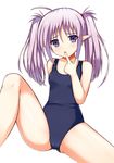  ass_visible_through_thighs bare_arms bare_legs bare_shoulders breasts cameltoe collarbone commentary finger_to_mouth hand_up jangif knee_up long_hair looking_at_viewer one-piece_swimsuit pointy_ears primula purple_eyes school_swimsuit shuffle! silver_hair simple_background sitting small_breasts solo spread_legs swimsuit thighs twintails white_background 