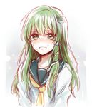  alternate_costume blush commentary crying crying_with_eyes_open frog_hair_ornament green_eyes green_hair hair_ornament kochiya_sanae long_hair long_sleeves looking_at_viewer neckerchief nose_blush school_uniform serafuku sidelocks snake_hair_ornament solo tears touhou upper_body yuli_(yulipo) 