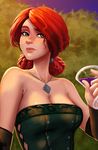  alcohol bare_shoulders breasts brown_eyes carlos_eduardo cleavage cup dress drinking_glass elbow_gloves fingerless_gloves freckles gloves grin hair_bun highres jewelry large_breasts mole mole_under_mouth necklace red_hair smile solo the_witcher the_witcher_3 triss_merigold wine wine_glass 