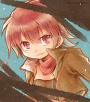  blue_background iria_animi jacket looking_at_viewer nari_hibiki red_eyes red_hair scarf short_hair solo tales_of_(series) tales_of_innocence twitter_username upper_body very_short_hair 