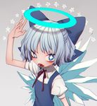  1girl blue_dress blue_eyes blue_hair chromatic_aberration cirno dress fang from_above gradient gradient_background grey_background hair_ribbon halo ice ice_wings looking_at_viewer marimo_tarou open_mouth puffy_sleeves ribbon short_hair short_sleeves solo star touhou upper_body wings 