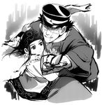  1girl age_difference ainu ainu_clothes asirpa bandana black_hair cape child earrings facial_scar fur_cape golden_kamuy greyscale hat holding holding_weapon hoop_earrings ichiji_(loce_and_peave) japanese_clothes jewelry knife long_hair military_hat monochrome mouth_scar nose_scar scar scar_on_cheek scarf sugimoto_saichi weapon 