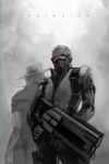  assault_rifle bad_id bad_pixiv_id broken_eyewear cape cigar copyright_name covered_mouth cowboy_hat energy_gun face_mask from_behind gloves gun hat jacket long_sleeves male_focus mask mccree_(overwatch) mechanical_arm monochrome mouth_hold multiple_boys overwatch pants reroi rifle scar short_hair smoke soldier:_76_(overwatch) solo_focus visor weapon 