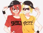  amacha_(3ama_4tya) bad_id bad_twitter_id baseball_cap blonde_hair boku_no_hero_academia hand_on_hip hat kaminari_denki kirishima_eijirou male_focus multiple_boys red_hair shirt sideways_hat smile sunglasses t-shirt upper_body wristband 