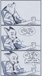  2016 anthro canine clothed clothing comic dialogue disney english_text fox fur hi_res male mammal mistermead monochrome nick_wilde police_uniform simple_background text uniform zootopia 