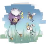  blue_sky brown_eyes cutiefly day drifloon eye_contact full_body gen_4_pokemon gen_7_pokemon grass harisen1012 heart looking_at_another no_humans outdoors pokemon pokemon_(creature) sky solid_oval_eyes 