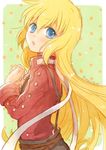  blonde_hair blue_eyes collet_brunel cosplay green_background lloyd_irving lloyd_irving_(cosplay) long_hair looking_at_viewer nari_hibiki polka_dot polka_dot_background red_shirt shirt solo tales_of_(series) tales_of_symphonia twitter_username 