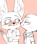  2016 anthro bandage blush canine cub disney duo embarrassed fennec finnick fox kissing liego line_art male mammal monochrome motion_lines necktie nick_wilde pink_background simple_background young zootopia 