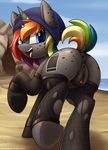  2016 anus blue_eyes butt clitoris clothing cutie_mark dock equine fan_character female feral freckles hair horn krylone_(oc) legwear looking_back mammal my_little_pony open_mouth outside piercing pussy shinodage solo thigh_highs tongue unicorn 