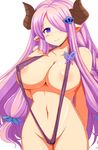  afuro alternate_costume areola_slip areolae arm_at_side bad_anatomy bare_shoulders breasts butterfly_hair_ornament cameltoe collarbone covered_nipples draph granblue_fantasy groin hair_ornament hair_over_one_eye hand_on_own_chest horns large_breasts long_hair low_twintails narmaya_(granblue_fantasy) navel pointy_ears purple_hair purple_swimsuit scrunchie slingshot_swimsuit smile solo swimsuit twintails very_long_hair white_background 