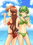  arms_behind_back back-to-back bare_shoulders bikini blue_sky brown_eyes brown_hair cloud collarbone cowboy_shot day drink green_eyes green_hair grin hairband highres long_hair malon multiple_girls navel ocean one_eye_closed pointy_ears rupee saria short_hair sky smile standing swimsuit tacoyaki the_legend_of_zelda the_legend_of_zelda:_ocarina_of_time 