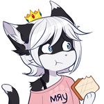  alpha_channel anthro average_(character) blue_eyes bread cat chewing clothing crown feline female fireflufferz food fur hair humor icon mammal multicolored_fur off_shoulder reaction_image shirt simple_background solo space_patrol_luluco text toast transparent_background two_tone_fur white_hair 