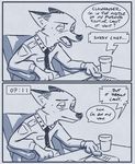  2016 anthro canine clothed clothing comic dialogue disney english_text fox fur half-closed_eyes male mammal mistermead monochrome nick_wilde police_uniform simple_background solo text uniform zootopia 