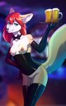 2016 alcohol anthro beer beverage bow breasts canine clothing cup cyan_eyes female fensu-san food gloves hair legwear mammal nipples pussy red_hair smile solo stockings 