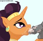  animal_genitalia animal_penis balls deep_throat duo equine equine_penis fellatio female friendship_is_magic holding_balls horn jewelry male male/female mammal my_little_pony neck_bulge oral penis saffron_masala_(mlp) scrunchy_nose sex solo_focus surge-on unicorn watermark 