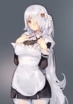  alternate_costume breasts enmaided girls_frontline grey_background hair_over_one_eye kishiyo large_breasts long_hair looking_at_viewer maid md5_mismatch pantyhose pk_(girls_frontline) ponytail red_eyes simple_background smile solo very_long_hair white_legwear 