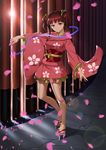  absurdres bare_legs black_hair brown_eyes cherry_blossoms green_ribbon hair_ribbon highres japanese_clothes kimono koutetsujou_no_kabaneri liuli_zan looking_at_viewer mumei_(kabaneri) pink_kimono purple_ribbon ribbon short_kimono short_twintails short_yukata smile solo twintails yukata 