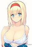  alice_margatroid blonde_hair blue_eyes blush bra breasts cleavage dress hairband large_breasts looking_at_viewer off_shoulder open_clothes open_dress short_hair signature simple_background smile solo touhou underwear upper_body uro white_background 