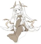  blush feet full_body granblue_fantasy io_euclase long_hair looking_at_viewer monochrome simple_background sitting smile solo thighhighs twintails white_background zaxwu 