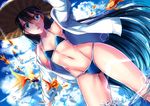  animal bikini black_hair blue_eyes bubbles clouds fish hat kyara36 long_hair navel original sky swimsuit waifu2x water 