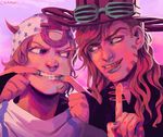  artist_name blue_eyes brown_hair cowboy_hat facial_hair gloves gold_teeth green_lipstick green_nails gyro_zeppeli hat horseshoe index_finger_raised johnny_joestar jojo_no_kimyou_na_bouken lipstick long_hair makeup male_focus mouth_pull multiple_boys nail_polish partly_fingerless_gloves shelley_tsipkin signature star star_print steel_ball_run teeth tongue tongue_out 