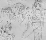  3girls breasts character_request female icecream kimono large_breasts long_hair magical_girl mahou_shoujo_madoka_magica multiple_girls negresco photo short_hair sketch sweat tomoe_mami traditional_media twintails 