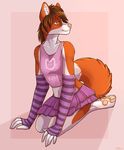  anthro arm_warmers canine clothed clothing crossdressing fox kellwolfik kneeling male mammal simple_background smile solo 